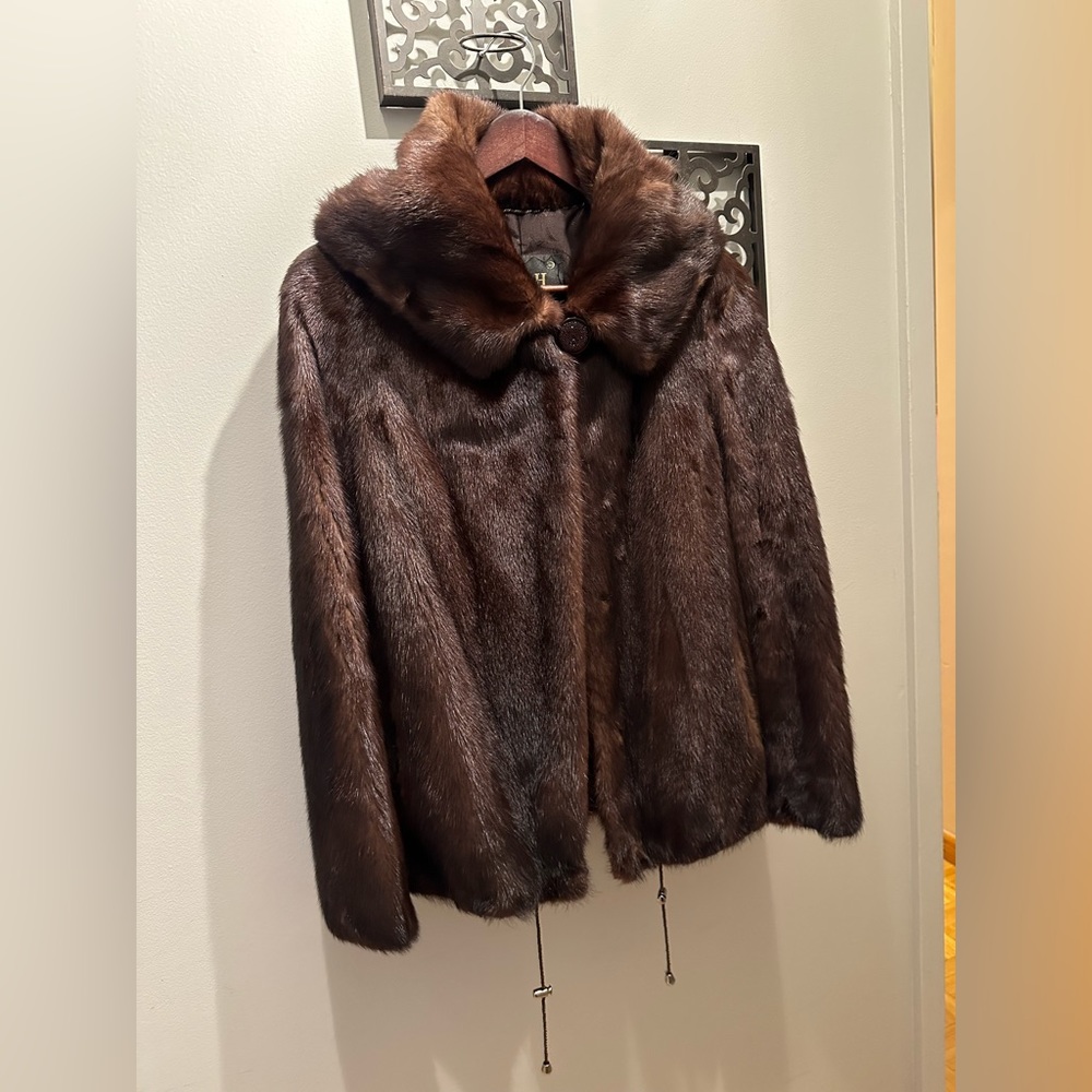 REAL MINK FUR COAT WITH HOOD, size 2 (small)